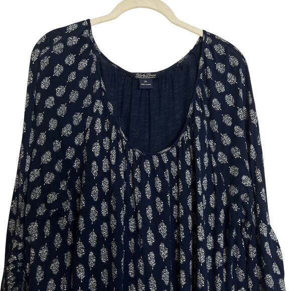 Lucky Brand Womens Peasant Tunic Top XL Blue White Boho Print Viscose 3/4 Sleeve - Picture 2 of 7